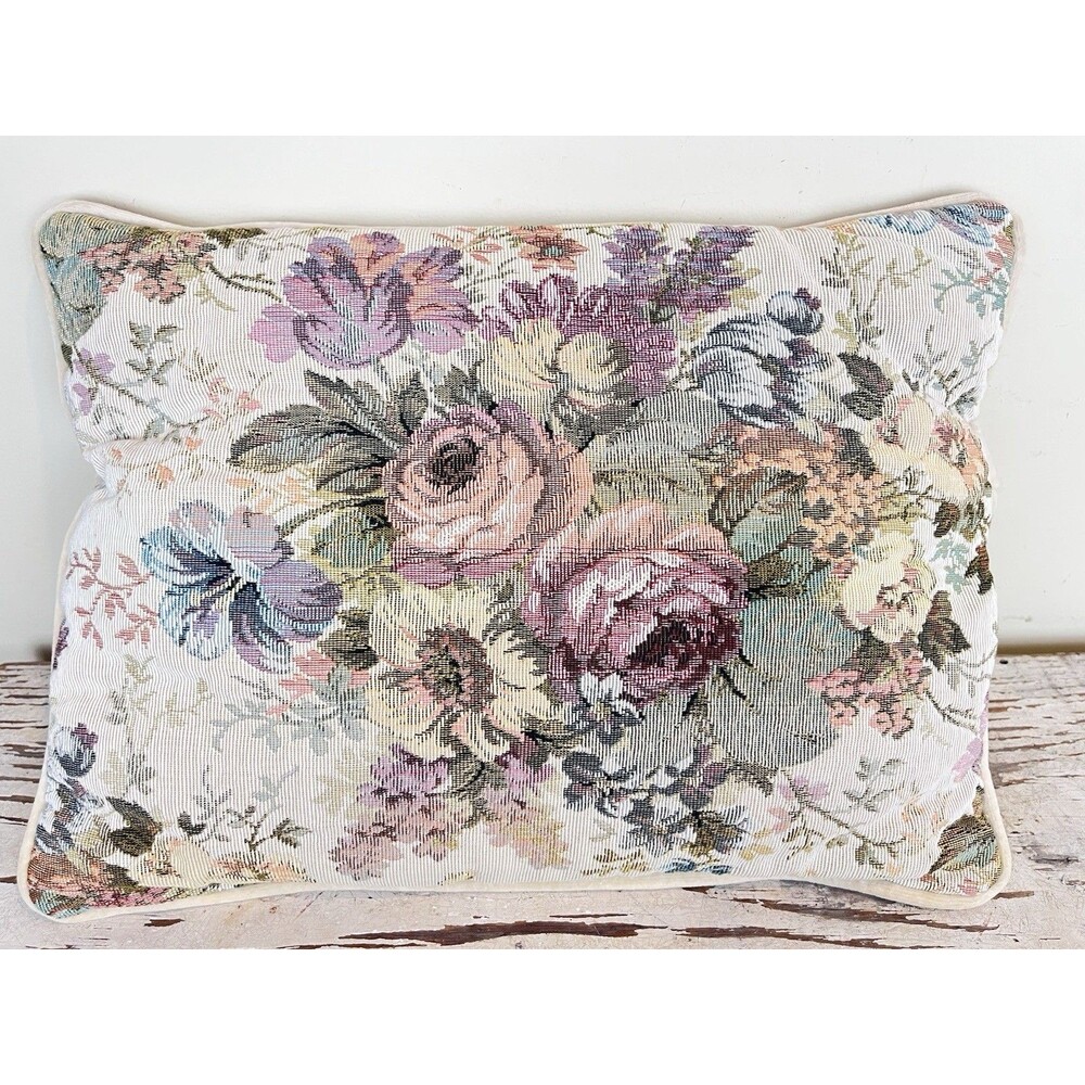 Vintage Charming Floral Tapestry Throw Pillow / Pastel Bouquet / Velvet Back 15”